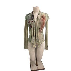Tom K Nguyen Womens Vintage-Inspired Art Print Olive Cardigan Jacket Size 4